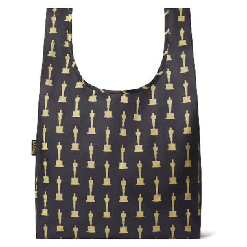 Black with gold Oscar statuette print all over eco tote shopping bag. Front View